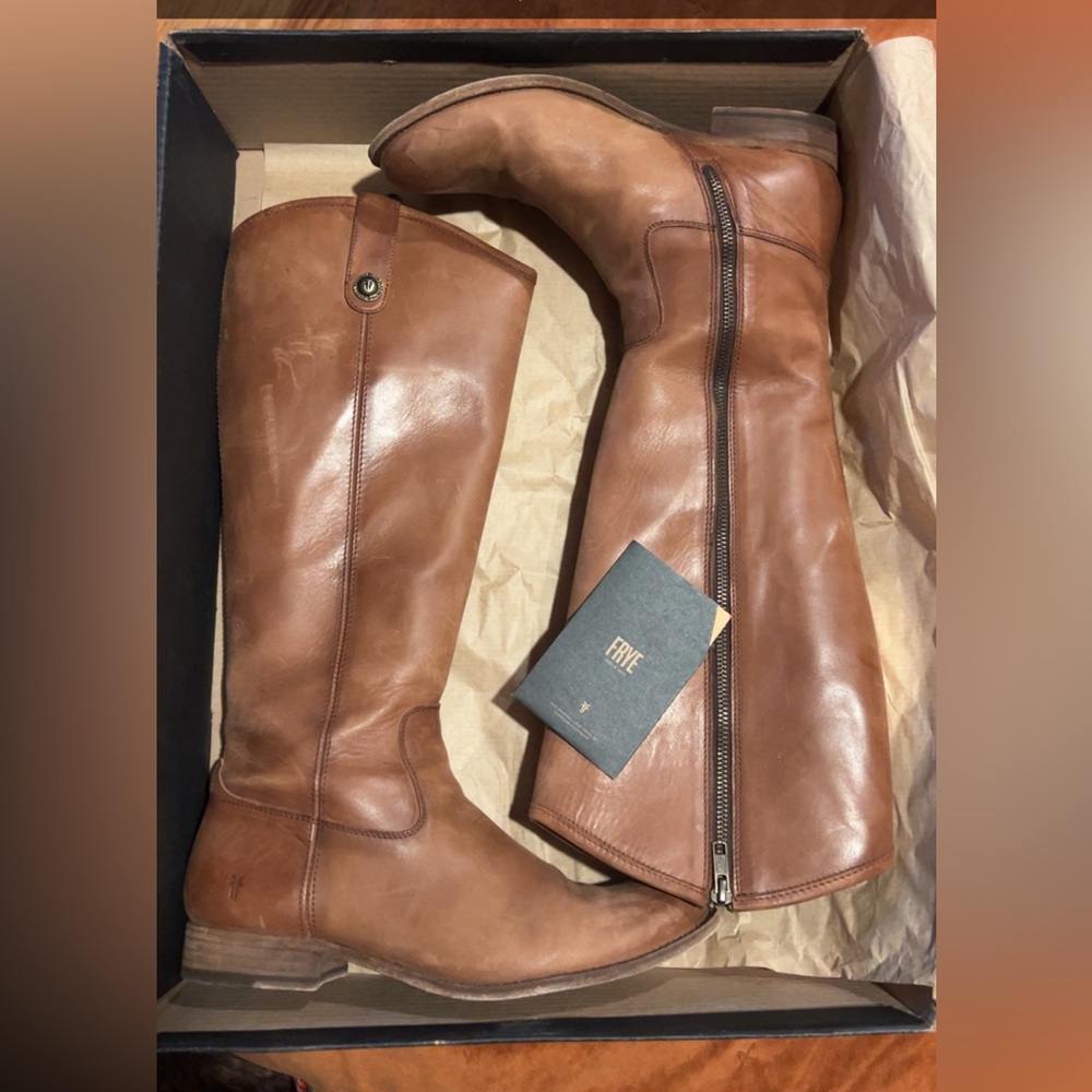 Frye Tan Leather Tall Boots with Zipper